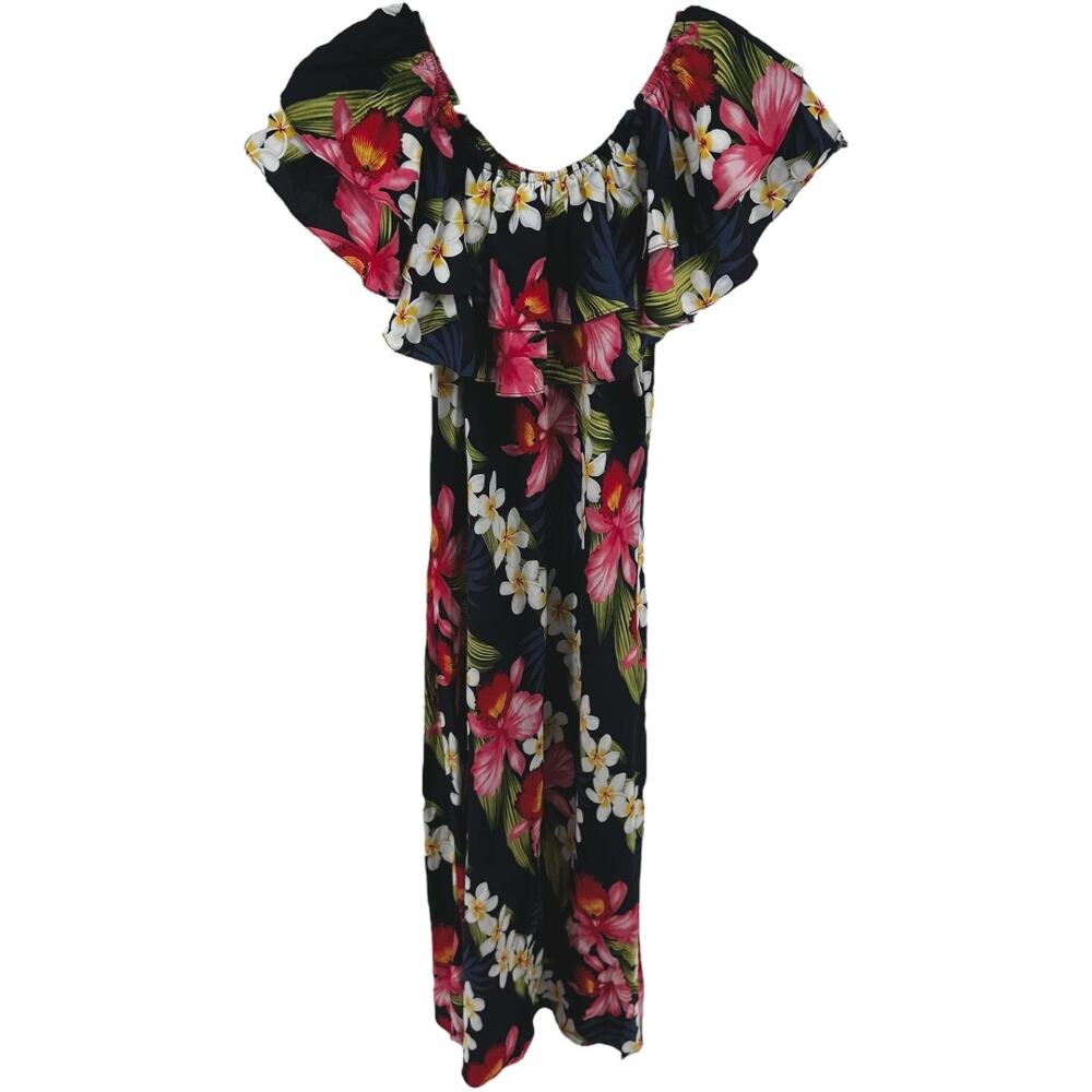 Vintage Two Palms Midi Dress Off The Shoulder Ruffle Floral Multicolor Small